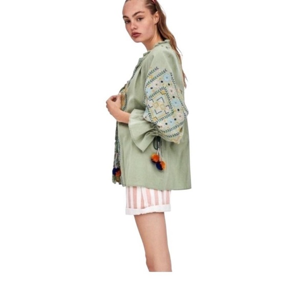 trf Zara Victorian Style Sage Green Boho Lightweight Jacket with Pom Tassels - Picture 2 of 5